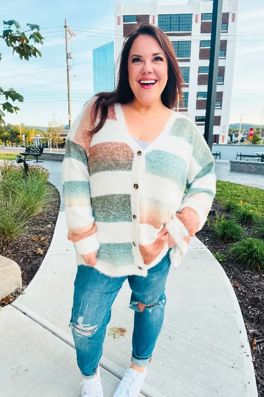 Ivory Striped Button Down Fuzzy Knit Cardigan Solid Print Embellished