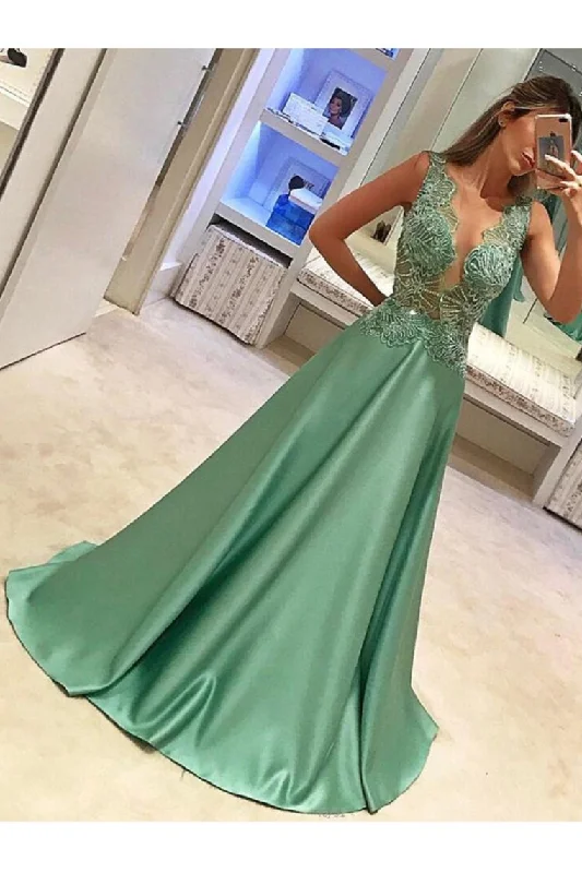 Scoop Prom Dresses A Line Satin With Applique And Beads
