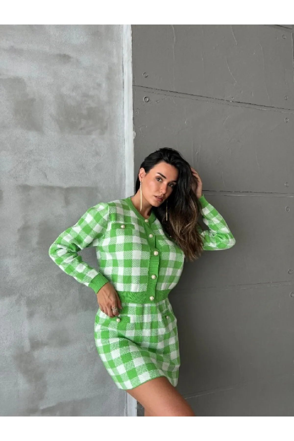 The Champ Clothing Women's Plaid Knit Skirt Cardigan Sets Thin Thick Dense