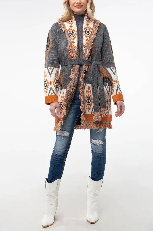 Aztec Weaved Belted Cardigan Solid Print Embellished