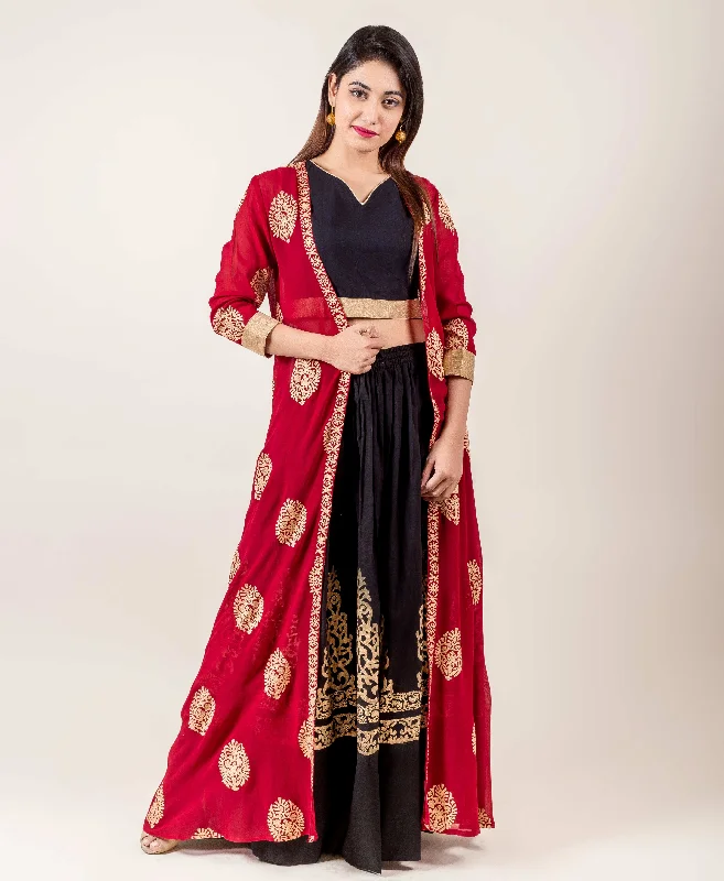 Jacket Style Indo Western Dress With Golden Prints In Red And Black Hues Bomber Jacket Anorak Windbreaker Jacket Style Indo Western Dress With Golden Prints In Red And Black Hues Bomber Jacket Anorak Windbreaker