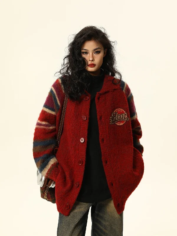 Vintage-Style Varsity Wool Cardigan Coat Elasticated Padded Insulated