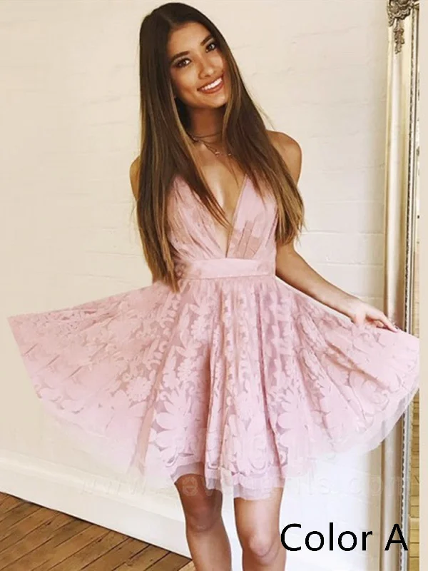 A Line V Neck Short Lace Prom Dresses, Short Lace Formal Graduation Evening Dresses