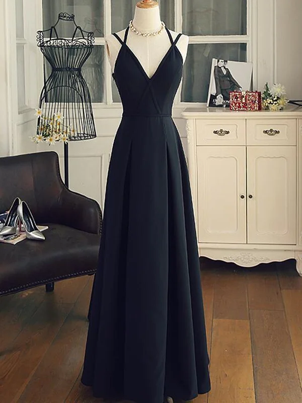 A Line V Neck Black Long Prom Dresses with Corss Back, Black Long Formal Evening Graduation Dresses A Line V Neck Black Long Prom Dresses with Corss Back, Black Long Formal Evening Graduation Dresses