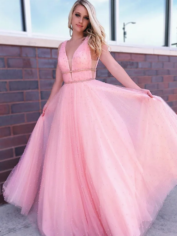 Shiny Pink V Neck Beaded Long Prom Dresses, Pink Long Beaded Formal Evening Graduation Dresses Shiny Pink V Neck Beaded Long Prom Dresses, Pink Long Beaded Formal Evening Graduation Dresses
