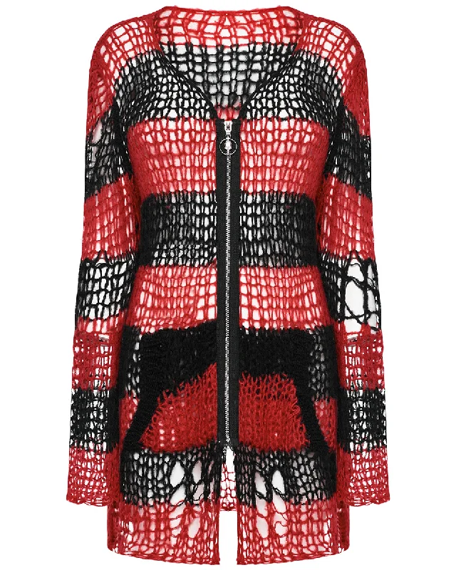 Punk Rave Womens Gothic Striped Shredded Cardigan Sweater - Red & Black Soft Cozy Warm Punk Rave Womens Gothic Striped Shredded Cardigan Sweater - Red & Black Soft Cozy Warm