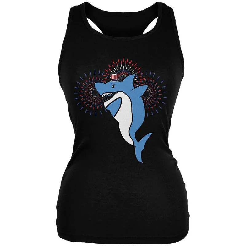4th Of July Dabbing Shark Fireworks Juniors Soft Tank Top one shoulder tank