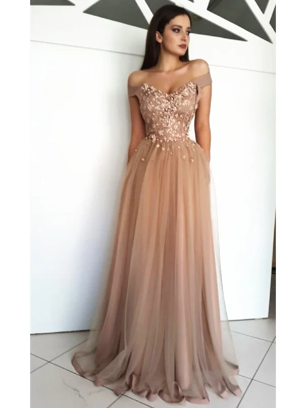 Custom Made A Line Off Shoulder Tulle Lace Prom Dresses, Off Shoulder Formal Dresses, Graduation Dresses Custom Made A Line Off Shoulder Tulle Lace Prom Dresses, Off Shoulder Formal Dresses, Graduation Dresses