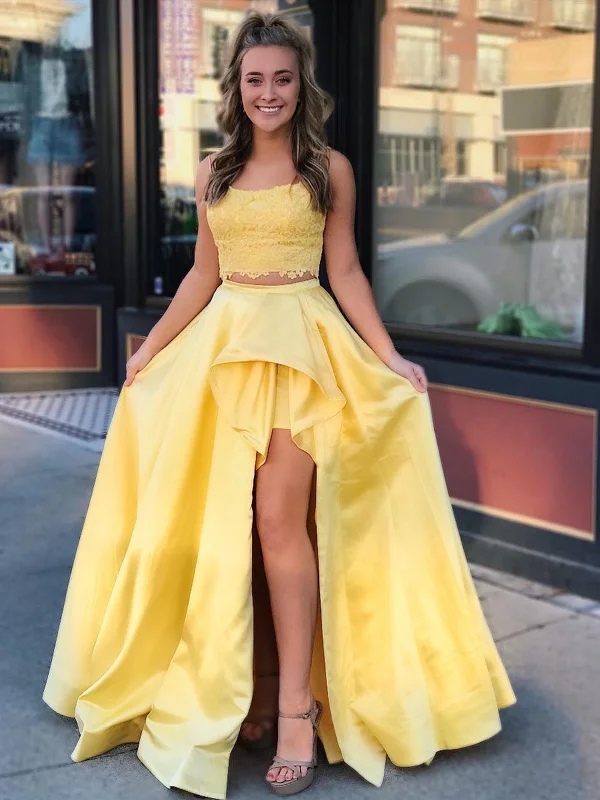 2 Pieces High Low Yellow Lace Prom Dresses, 2 Pieces Yellow Lace Formal Graduation Evening Dresses 2 Pieces High Low Yellow Lace Prom Dresses, 2 Pieces Yellow Lace Formal Graduation Evening Dresses