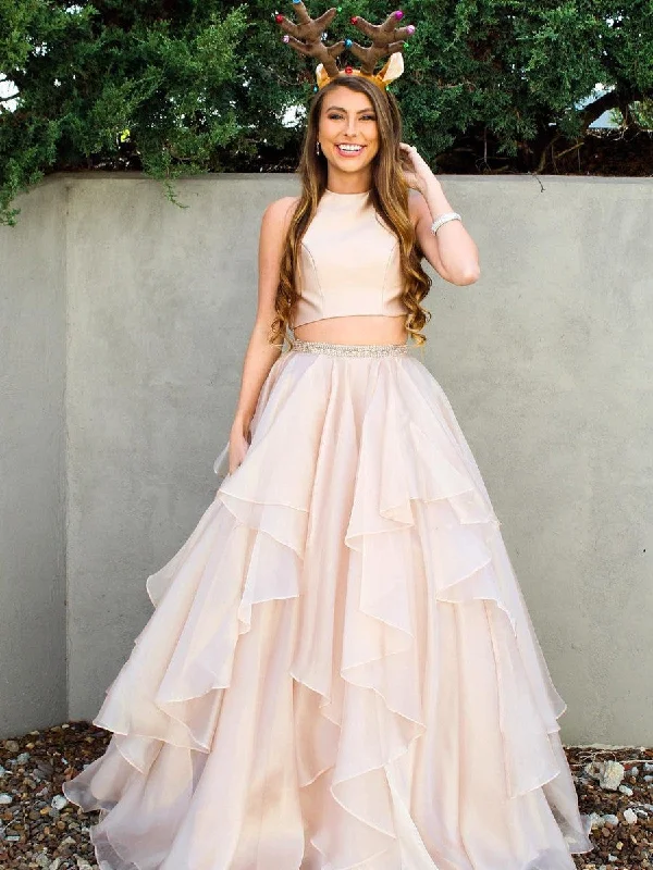 A Line Scoop Neck 2 Pieces Champagne/Pink Prom Dresses, 2 Pieces Formal Dresses, Evening Dresses A Line Scoop Neck 2 Pieces Champagne/Pink Prom Dresses, 2 Pieces Formal Dresses, Evening Dresses