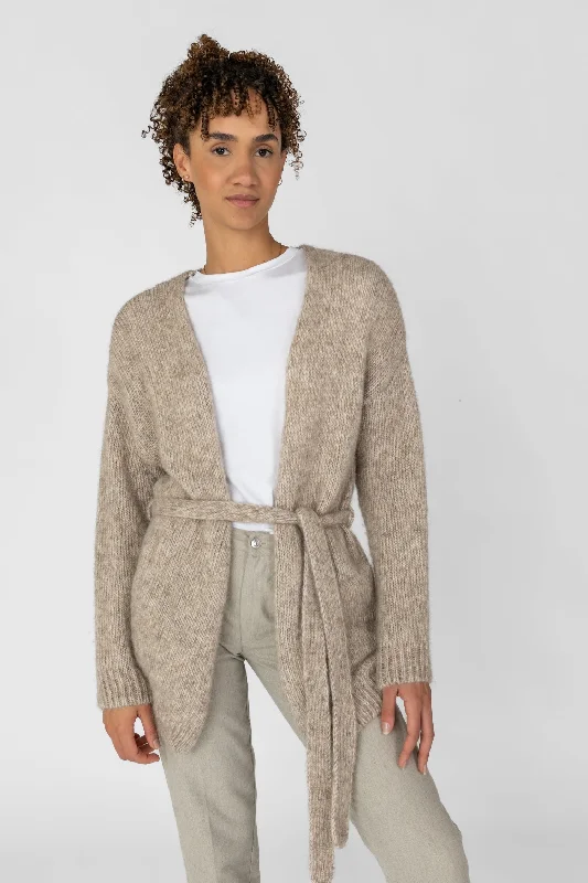 Alpaca-Cotton Cardigan Beige Striped Floral Plaid