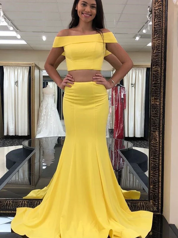 2 Pieces Off Shoulder Mermaid Yellow Prom Dresses, 2 Pieces Yellow Mermaid Formal Graduation Evening Dresses 2 Pieces Off Shoulder Mermaid Yellow Prom Dresses, 2 Pieces Yellow Mermaid Formal Graduation Evening Dresses