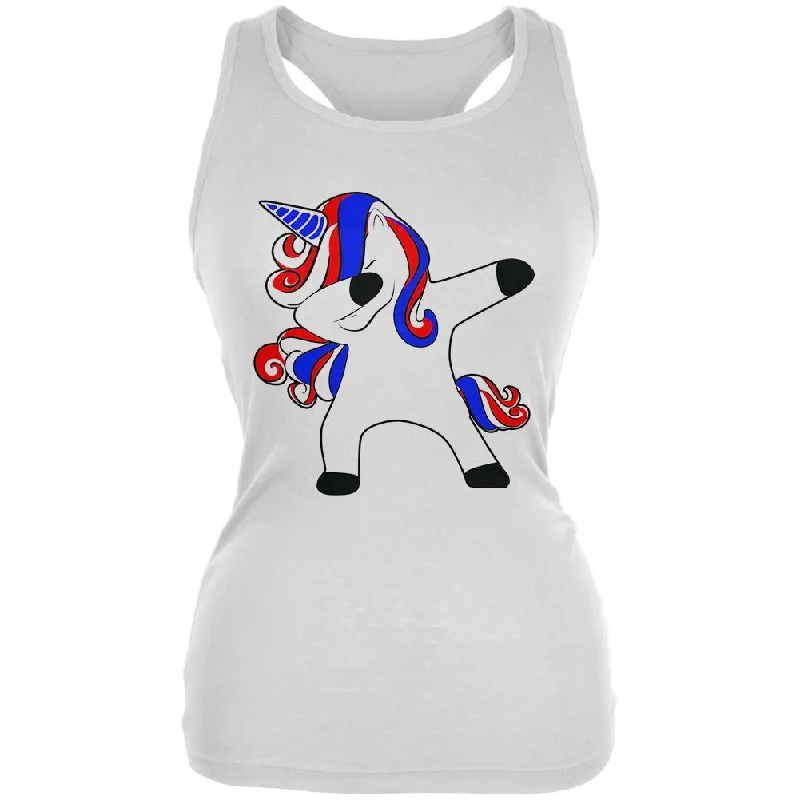 4th of July Dabbing Unicorn Americorn Juniors Soft Tank Top cold shoulder tank