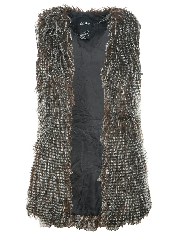 Brown Faux Fur Jacket - S Boat Neck Shawl Collar Notched Collar