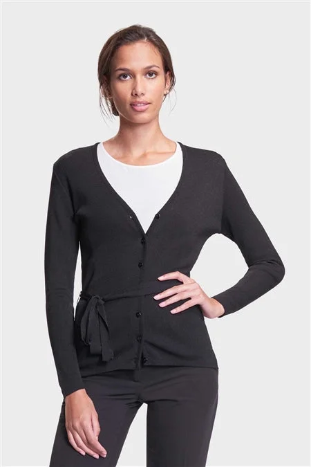 Ladies' Belted Cardigan Sweater - Black Fleece Fabric Down Fabric Feather Fabric