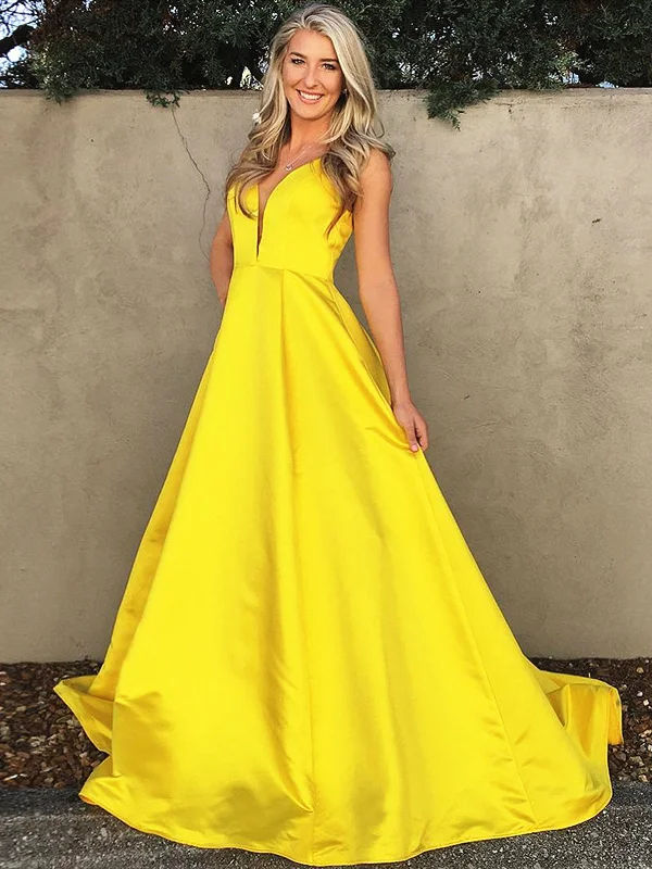 Simple V Neck Floor Length Yellow Prom Dresses, Yellow V Neck Formal Graduation Evening Dresses Simple V Neck Floor Length Yellow Prom Dresses, Yellow V Neck Formal Graduation Evening Dresses