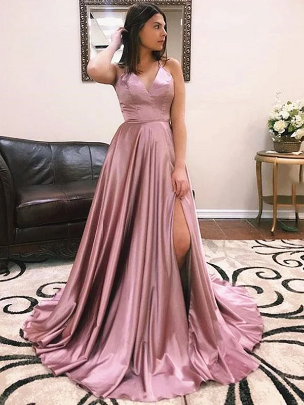 A Line V Neck Dusty Pink Prom Dresses with Corset Back, Dusty Pink Formal Evening Dress with Train A Line V Neck Dusty Pink Prom Dresses with Corset Back, Dusty Pink Formal Evening Dress with Train