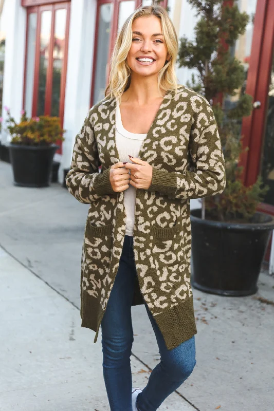 Boldly You Olive Fury Knit Animal Print Ribbed Open Cardigan Silk Blend Satin Velvet