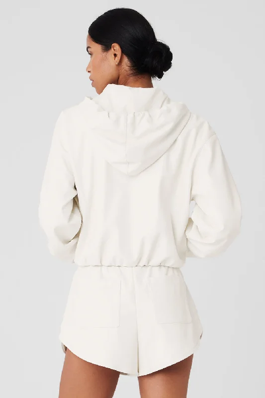 Faux Leather Power Hour Full Zip Cropped Jacket - Ivory