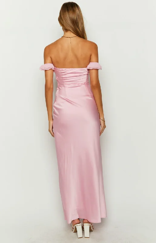 Elvira Pink Satin Formal Maxi Dress