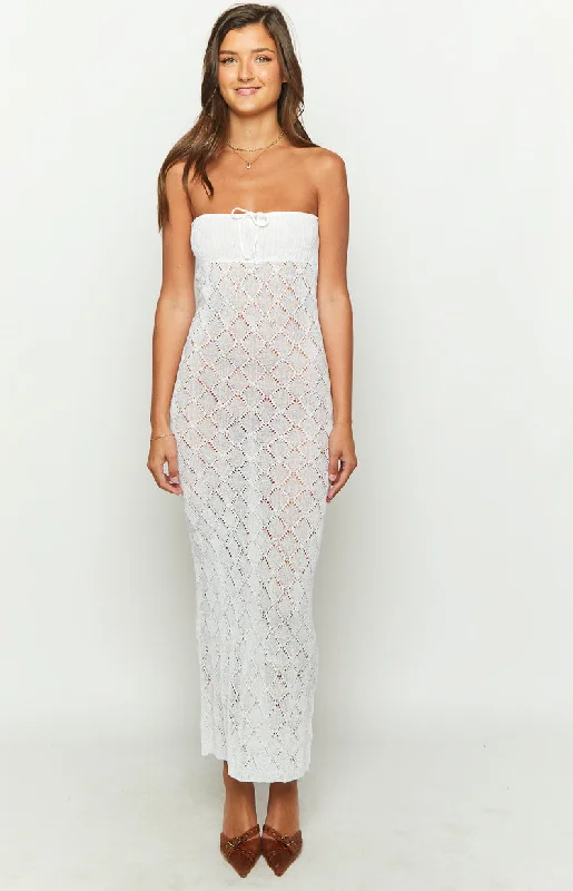 Halina White Knit Strapless Maxi Dress