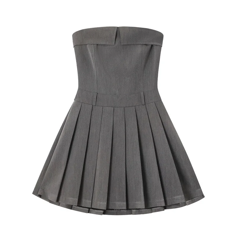 Julianna Solid Color Gray Bandeau Chest Fold Pleated Sleeveless Short Mini Dress