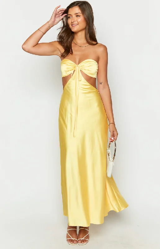 Lili Yellow Satin Strapless Maxi Dress