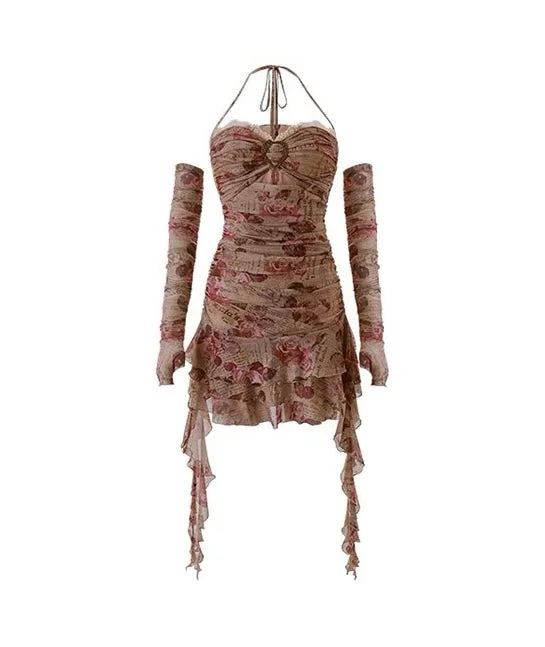 Rose Pink Floral Halter Cut Out Gloved Slim Ruffle Mini Dress