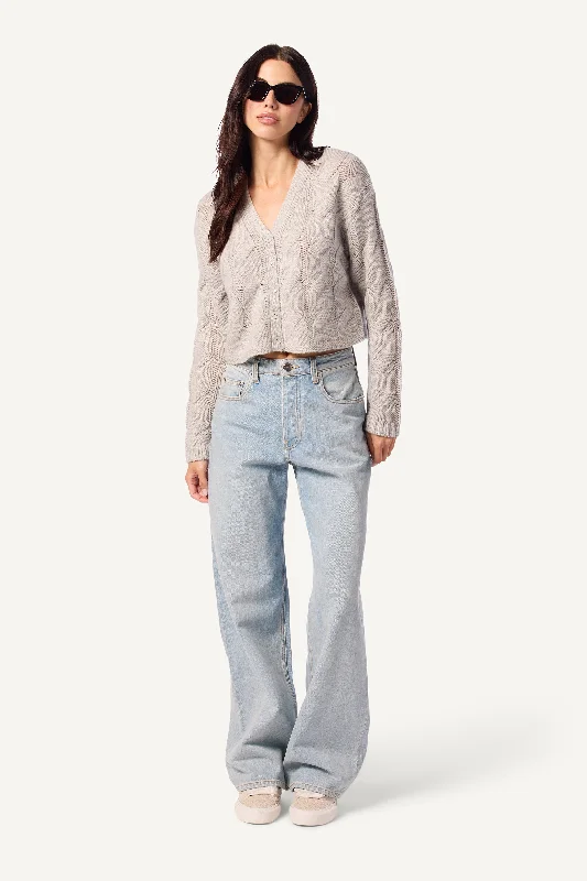 JOLIE V-NECK CROPPED CABLE CASHMERE CARDIGAN   | FOGGY