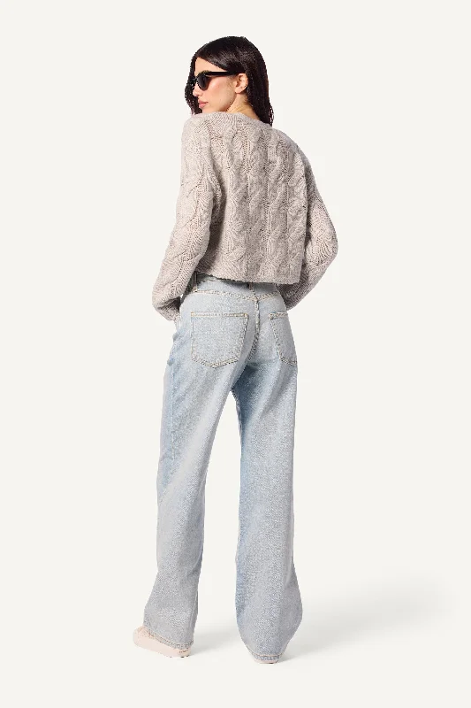 JOLIE V-NECK CROPPED CABLE CASHMERE CARDIGAN   | FOGGY