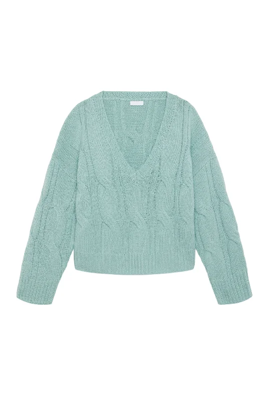 KOA CASHMERE CABLE KNIT V-NECK SWEATER | SEAFOAM