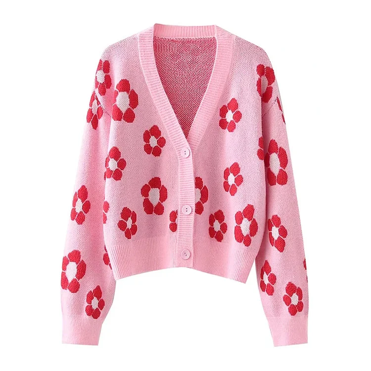 New Japanese lazy style V-neck flower jacquard knitted cardigan  7295