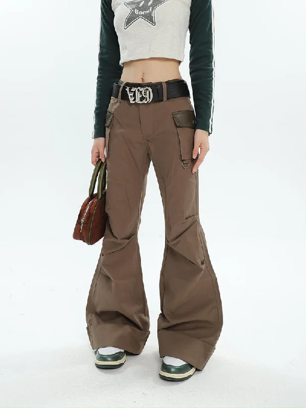 Brynn Solid Color Brown Multi Pocket Flare Pants