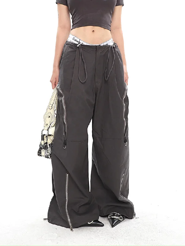 Feria Solid Color Multi-Zipper Straight Wide Leg High Waist Cargo Pants