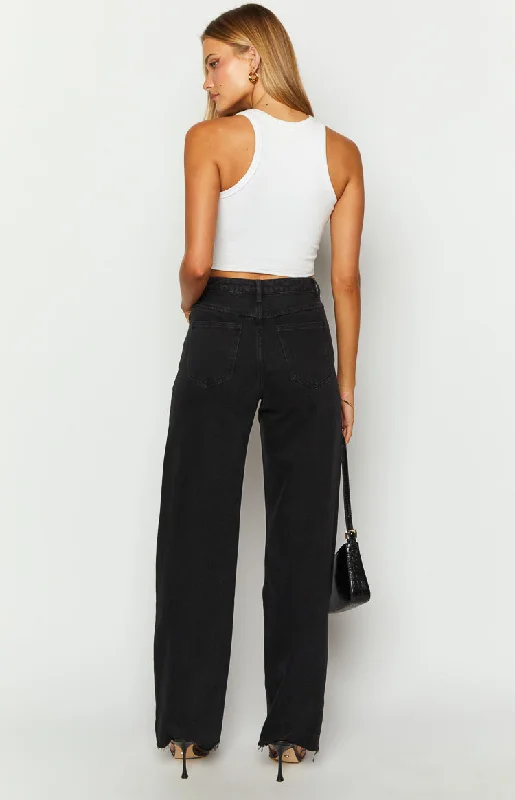 Gem Diamante Trim Wide Leg Black Denim Jeans