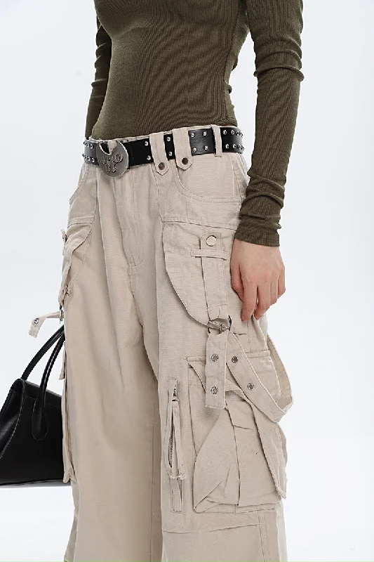 Isabelle Solid Color Multi Pocket Straps Cargo Denim Jeans Pants