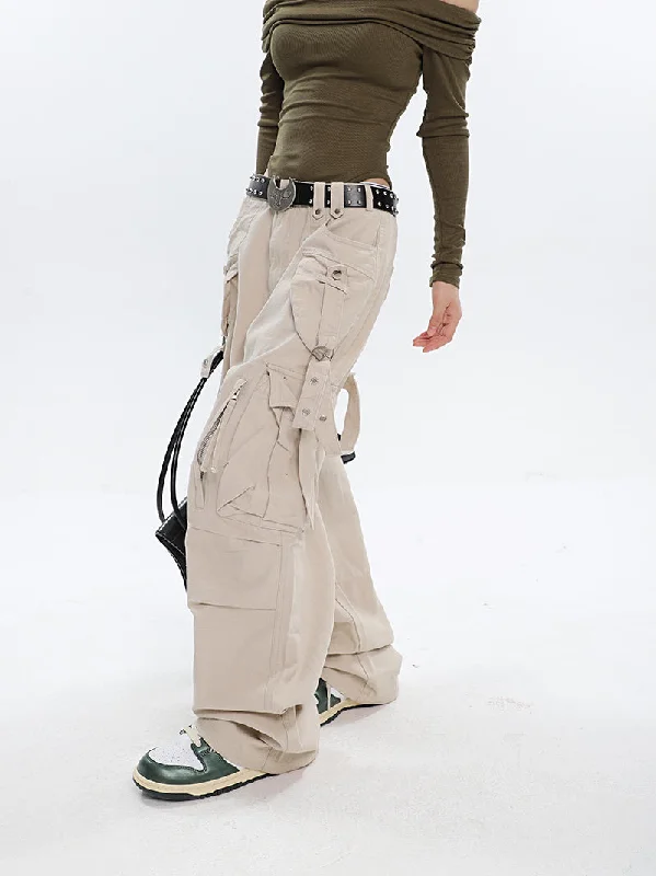 Isabelle Solid Color Multi Pocket Straps Cargo Denim Jeans Pants