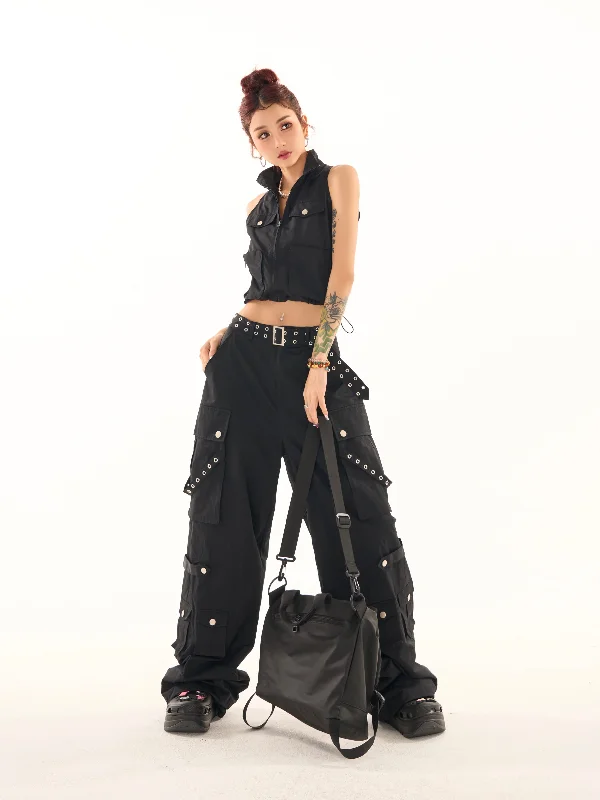 Masha Solid Color Multi-Pocket Multi-Strap High Waist Straight Leg Cargo Pants