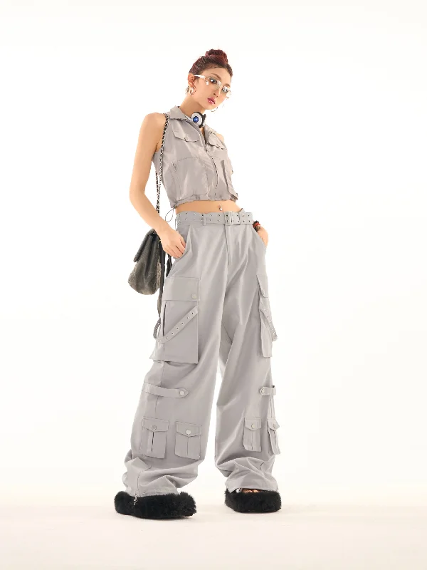 Masha Solid Color Multi-Pocket Multi-Strap High Waist Straight Leg Cargo Pants