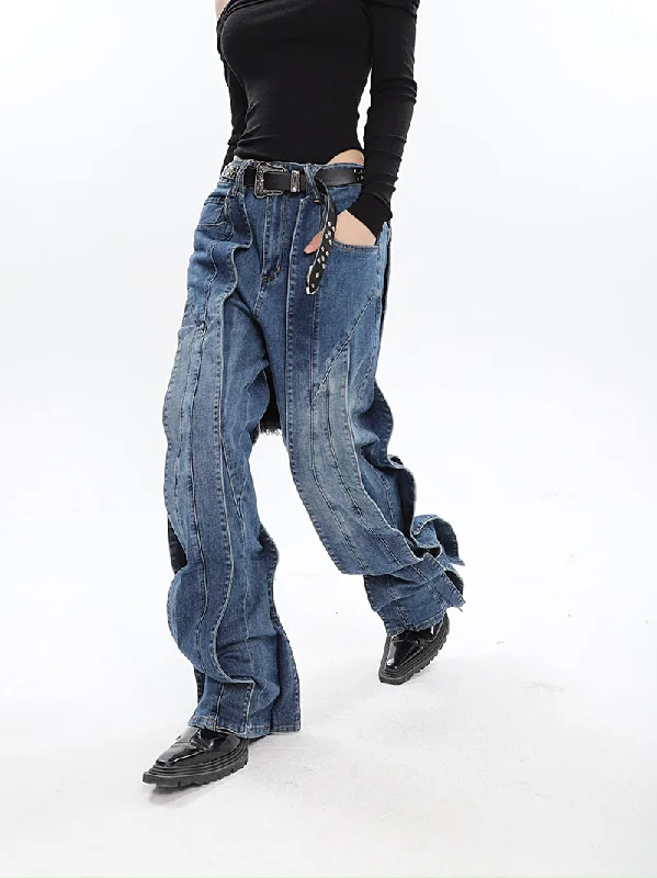 Sasha Denim Blue Patchwork Flare Jeans Pants