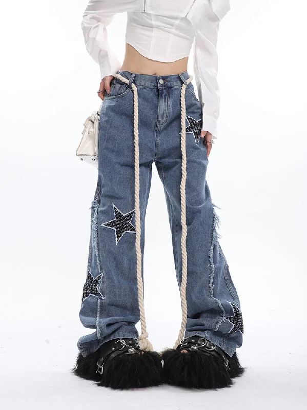 Twinkle Stars Patchwork Denim Long Jeans Pants