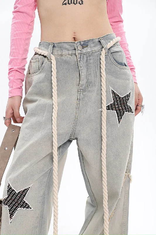 Twinkle Stars Patchwork Denim Long Jeans Pants