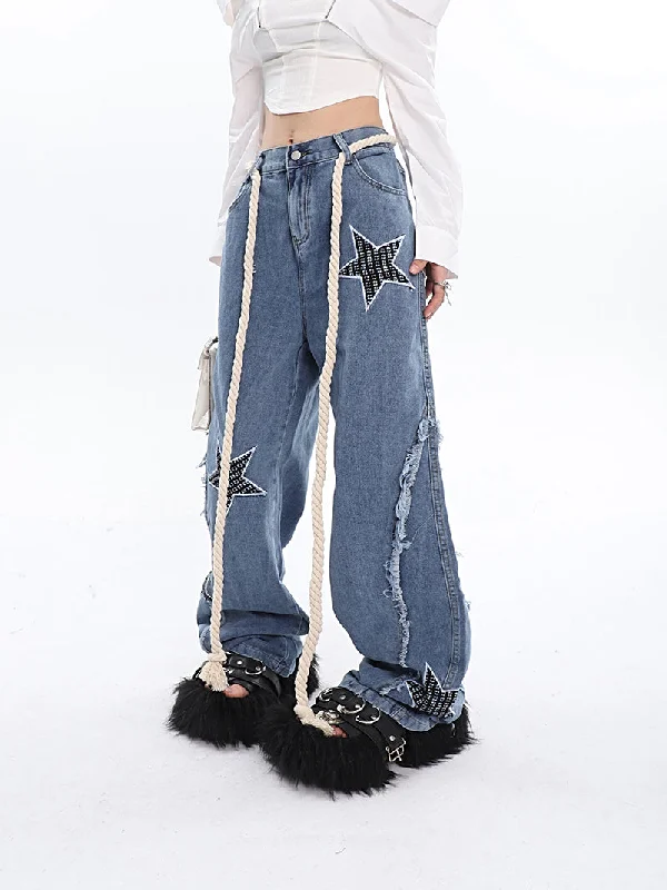 Twinkle Stars Patchwork Denim Long Jeans Pants