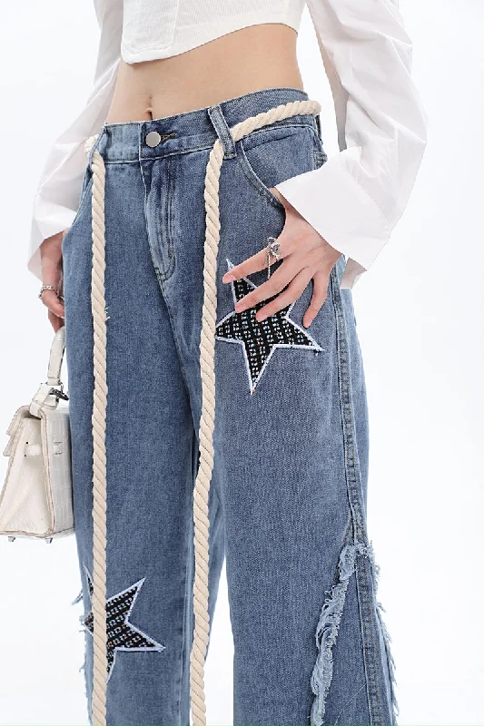 Twinkle Stars Patchwork Denim Long Jeans Pants