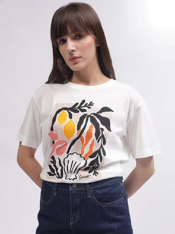 Gant Women White Printed Round Neck Short Sleeves T-shirt