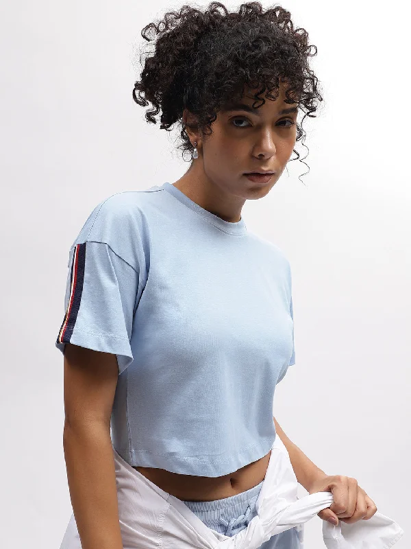 Iconic Women Blue Solid Round Neck Short Sleeves T-Shirt