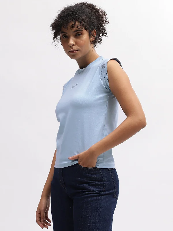 Iconic Women Blue Solid Round Neck Short Sleeves T-Shirt