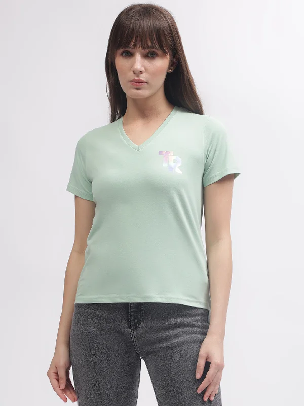 True Religion Women Green Solid V Neck Short Sleeves T-shirt