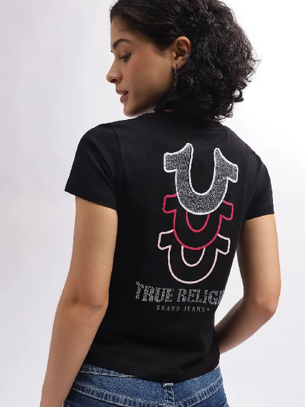 True Religion Women Black Printed V-Neck Short Sleeves T-Shirt