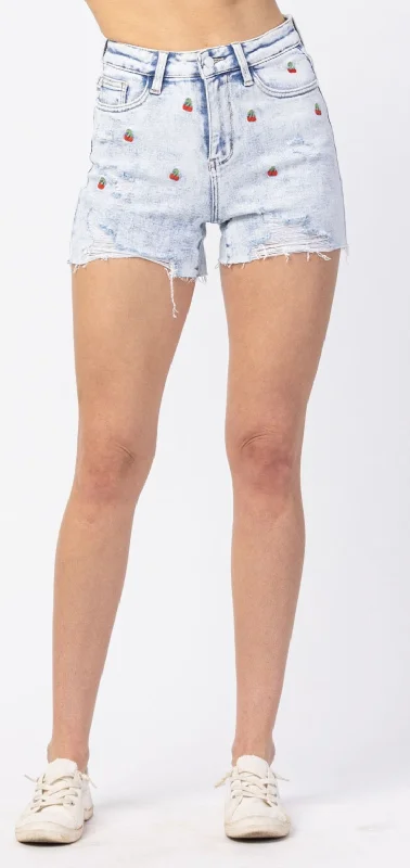 Acid Wash Cherry Embroidered Shorts